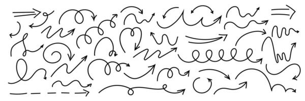 Spiral arrow doodle, wavy twist minimal squiggly line set. Curve comic turn way direction. Playful quirky simple free hand elements. vector