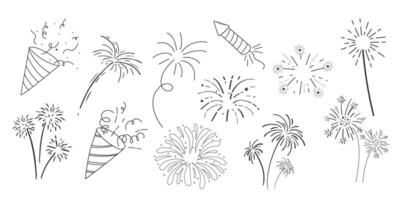 Fireworks and rocket, salute with burst, light and festive explosions in doodle style. Hand drawn sparks, firecracker on white background. Party, celebrations, event. vector