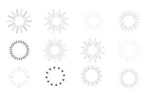 Set Fireworks, rays, sunburst frames circle border decoration, sparkle in doodle style, line sketch explosion isolated on white background. vector