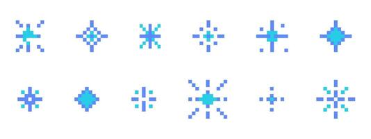 Pixel snowflake or star retro 8 bit sparkle set. Shiny winter game pixel art effect set. Firework burst, ice, space decoration. 90s aesthetics, y2k vector