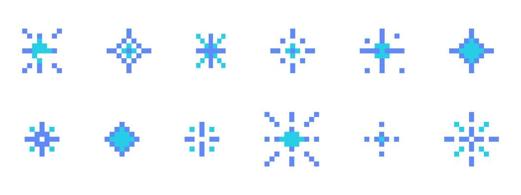 Pixel snowflake or star retro 8 bit sparkle set. Shiny winter game pixel art effect set. Firework burst, ice, space decoration. 90s aesthetics, y2k