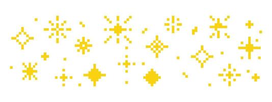 Pixel star retro 8 bit sparkle border seamless frame. Shiny game pixel art effect set. Firework burst, space decoration. 90s aesthetics, y2k vector