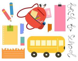 Set of school supplies isolated on white background. Including notebook, marker pencil, shoulder bag, scissors, paper-clip, memo, sticky note, backpack, torn paper, tape, and school bus. vector
