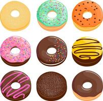 Various types of sweet colorful doughnuts cake desserts. Set of glazed donuts with sprinkles and chocolate cream icing. vector