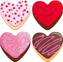 Collection of heart shaped donuts cake desserts. Set of glazed donuts with sprinkles and strawberry chocolate cream icing. vector