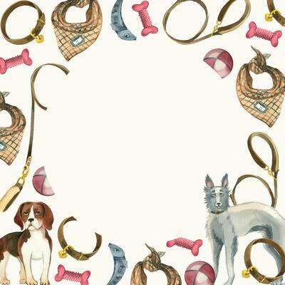 Round frame. Pet accessories, bones, balls, dog collars and leashes, dog scarves, beagle and greyhound. All items are hand painted with watercolors. For printing on paper, fabric