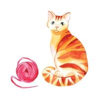 Red cat with green eyes in stripes with a ball of pink wool. Watercolor illustration. All objects are hand-drawn with watercolors. Suitable for printing in books, invitations, postcards vector
