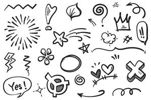 Doodle set of hand-drawn cartoony expression sign doodle, curve directional arrows, emoticon effects design elements, cartoon character emotion symbols, cute decorative brush stroke lines. vector