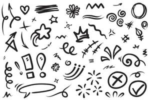 Doodle set of hand-drawn cartoony expression sign doodle, curve directional arrows, emoticon effects design elements, cartoon character emotion symbols, cute decorative brush stroke lines. vector