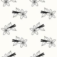 Pattern with cinnamon sticks and vanilla flower doodle outline drawing on pastel beige background vector