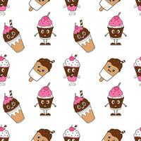 Pattern with cartoon Ice cream with berry, on white background. vector