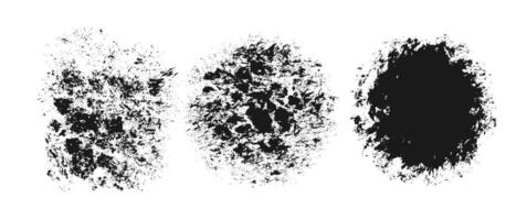Set dark dirty circle shabby surface smeared with paint watercolor with splashes and drops, grunge texture isolated on white background. vector