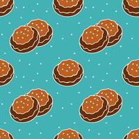 Pattern of cookies with white icing, sprinkled with sesame seeds, on blue background. vector