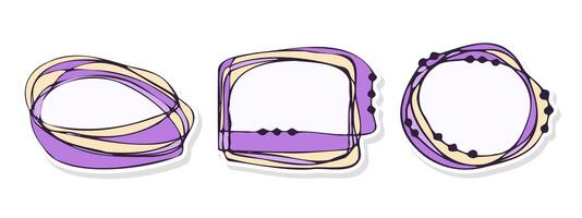 Stickers violet set in doodle abstract style. Notebook labels, blank frames, notes, reminders, stickers. vector