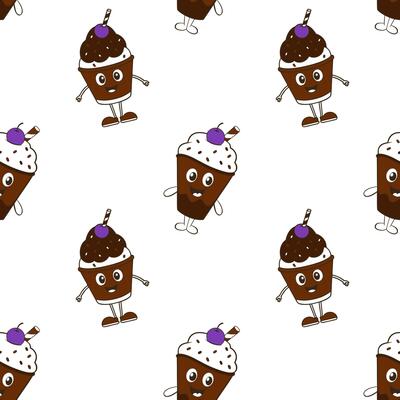 Pattern with chocolate Ice cream and blueberry, on white background. Cartoon style drawing.