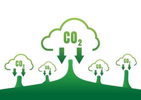 Carbon Dioxide Reduction Concept. Many green clouds tree and the CO2 symbol, down arrow on white background. vector
