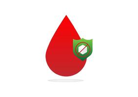 Diabete concept. A drop of red blood with a green shield protects a cube of sugar. Prevent glucose for health. vector