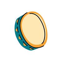 Tambourine is blue and yellow in a flat style. A percussion musical instrument in the form of a round frame stretched. The drum is round. Flat illustration highlighted on a white background vector