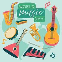 Poster World Music Day, illustration text. A flat illustration of the conceptual background of the World Music Day for Web Design. Square banner harmonica, guitar, tambourine with notes vector