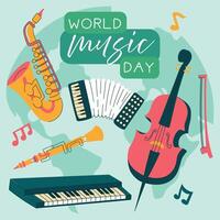World Music Day, illustration text. A flat illustration of the conceptual background of the World Music Day for Web Design. Square banner saxophone, accordion, double bass with notes vector