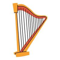 A harp with strings in a flat style. A stringed plucked musical instrument with frames between which many strings are stretched. A flat illustration highlighted on a white background. Strings vector