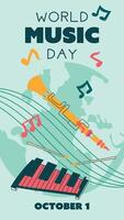 World Music Day poster on October 1, , text illustration. A flat illustration with musical instruments for web design. Vertical banner xylophone, flute with notes on the ground background vector