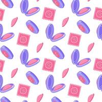 Pattern of female condoms in different poses. A flat color illustration about safe sex and contraception. The texture of the condom is of various shapes. The packaging is plastic, closed and open vector