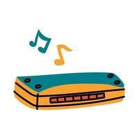 A yellow and blue brass harmonica in a flat style with notes. Wind musical instrument for solo use, orchestra. An isolated shiny tool. Flat illustration highlighted on a white background vector