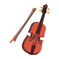 Violin is a brown wooden one with a bow in a flat style. Stringed bowed musical instrument with a unique, piercing timbre. Musical instrument. Flat illustration highlighted on white background vector