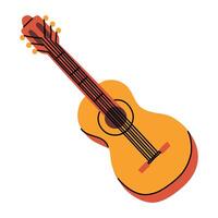 A guitar with strings in a flat style. A stringed plucked musical instrument with a wooden resonator body in the shape of an eight and a long neck. A flat illustration highlighted on a white vector
