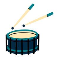 Blue drum and wooden drumsticks in a flat style. A musical instrument, a drum machine. The drum is round. A flat illustration isolated on a white background vector
