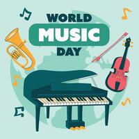 Poster of the World Music Day, illustration text. A flat illustration of the conceptual background of the World Music Day for Web Design. Square banner Piano, violin, trumpet with notes vector