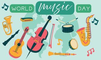 World Music Day text illustration. Flat illustration of the conceptual background of the World Music Day for web design, Horizontal banner, guitar, drum, harp, flute with notes vector