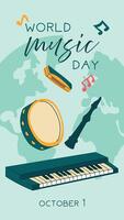 World Music Day poster, , text illustration. A flat illustration with musical instruments for web design. Vertical banner piano, pipe, tambourine, harmonica with notes on the ground background vector