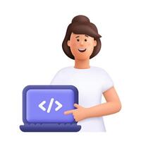 Woman pointing to laptop computer with code symbol. Girl programmer. Web development, programming language and coding concept. 3d people character illustration. Cartoon minimal style. vector