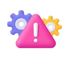Warning exclamation mark in triangle with gear wheel settings sign. Caution, problem, process setting, risk management and analysis concept. 3d icon. Cartoon minimal style. vector
