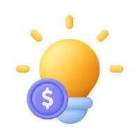 Light bulb with coin. Idea, business and finance solution. 3d icon. Cartoon minimal style. vector