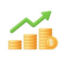 Coin stack growth chart with increasing arrow. Finance, capital and money increase concept. 3d icon. Cartoon minimal style. vector