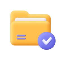 Folder with document and check mark notification button. Data storage. security protection concept. 3d icon. Cartoon minimal style. vector