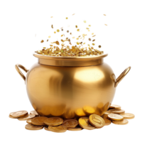 A shiny gold pot overflowing with sparkling golden coins, isolated on a transparent background png