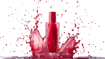 A creative composition featuring a red liquid foundation splashing out of its glass bottle, frozen in mid-air isolated on a transparent background png