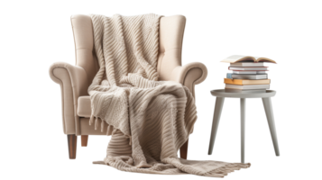 A cozy armchair with a soft throw blanket draped over it, next to a small side table with a stack of books, isolated on a transparent background png