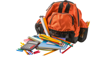 A Brainwave Academy branded backpack with various school supplies spilling out, including pencils, rulers, and a calculator, isolated on a transparent background png