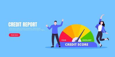 Man and woman push credit score arrow gauge speedometer indicator with color levels. vector