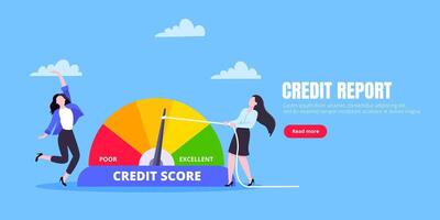 Woman pushes credit score arrow gauge speedometer indicator with color levels. vector