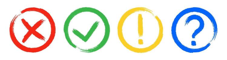 Dirty grunge cross x, tick OK, exclamation and question check marks in check boxes. vector