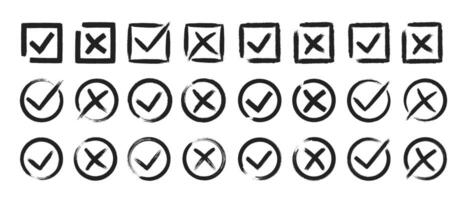 Dirty grunge cross x and tick OK check marks set in check boxes, hand drawn with brush strokes illustration vector