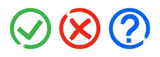 Dirty grunge cross x, tick OK and question check marks in check boxes, hand drawn with brush strokes illustration vector