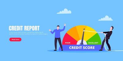 Man pushes credit score arrow gauge speedometer indicator with color levels. vector