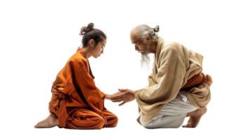 A devoted disciple kneeling before a wise guru receiving blessings, isolated on a transparent background png